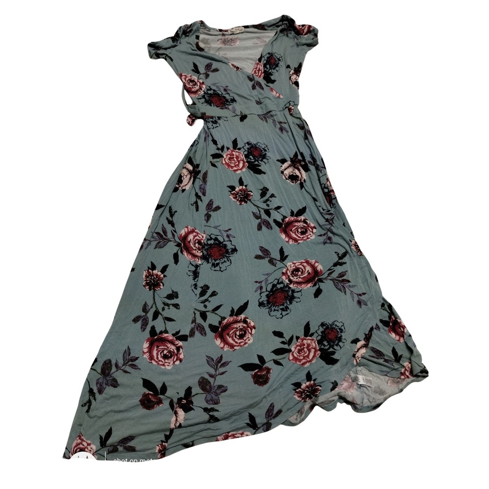 About a Girl Sage Blue Floral Wrap Maxi Dress High Low XS LF0578I90